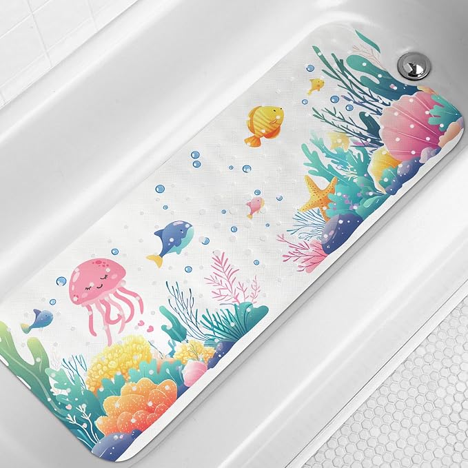 LNOND Bath Mat for Tub for Kids, Toddler Bathtub mat Non Slip, Coral Reef Fish Kids Bath Mats for Bathroom Non Slip with Drain Holes and Suction Cups,Machine Washable (40 X 16 Inch)