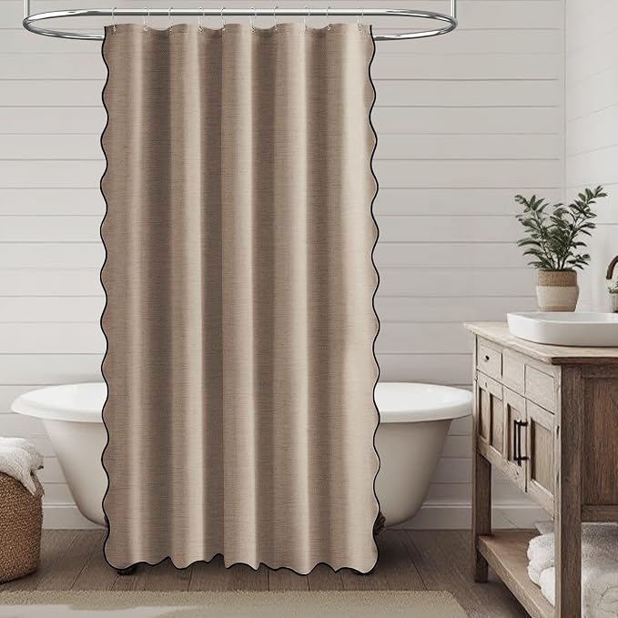 60x72 Boho Scalloped Linen Textured Cloth Shower Curtain, Tan/Taupe | Narrow Size, 230GSM Waterproof Polyester, Heavy Duty Fabric, 10 Plastic Hooks, Chic Modern Farmhouse Style, Machine Washable
