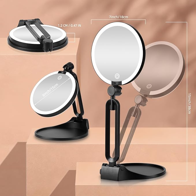 20X/1X Makeup Magnifying Mirror with Lights, 6inch Double-Sided LED Mirror | 1X/20X Makeup Magnified Mirror, Desktop 20X Magnification Rechargeable 3 Color Dimmable Light, 360° Adjustable Rotation Angle