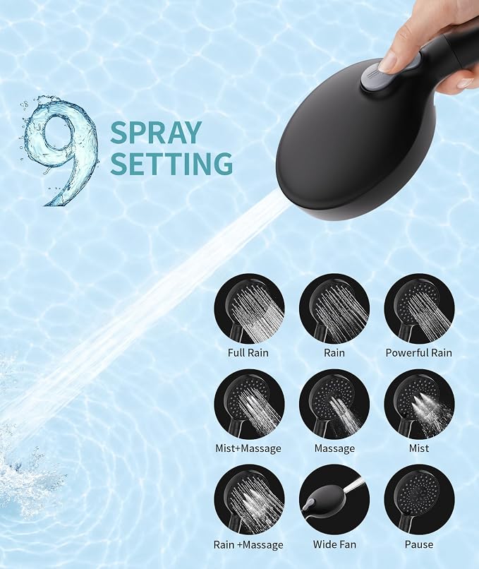 SR SUN RISE Filtered Shower Head with Handheld High Pressure 9 Spray Mode Showerhead Detachable Shower Head Water Softener Filters Beads for Hard Water Remove Chlorine 4 Filters Matte Black