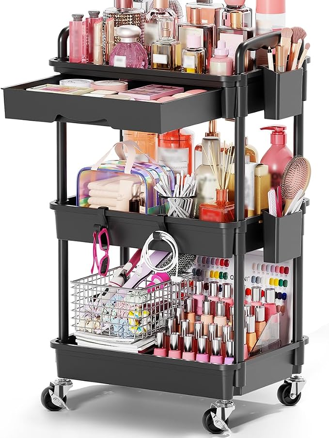 Goovilla Rolling Makeup Organizer Cart with Removable Drawer, 3 Tier Black | Stable Floor Skincare Storage Cart for Vanity, Cosmetic Display, Nail Polish, Perfume, Hair Stuff, Beauty, Bathroom(Plastic)