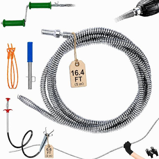 Drain Snake Clog Remover Kit, 16.4 FT Long Flexible Drain Snake Auger with Auto Feed & Drill Attachment, 79 Inch Grabber Claw, Hair Removal Tools for Kitchen Sink, Shower and Bathtub