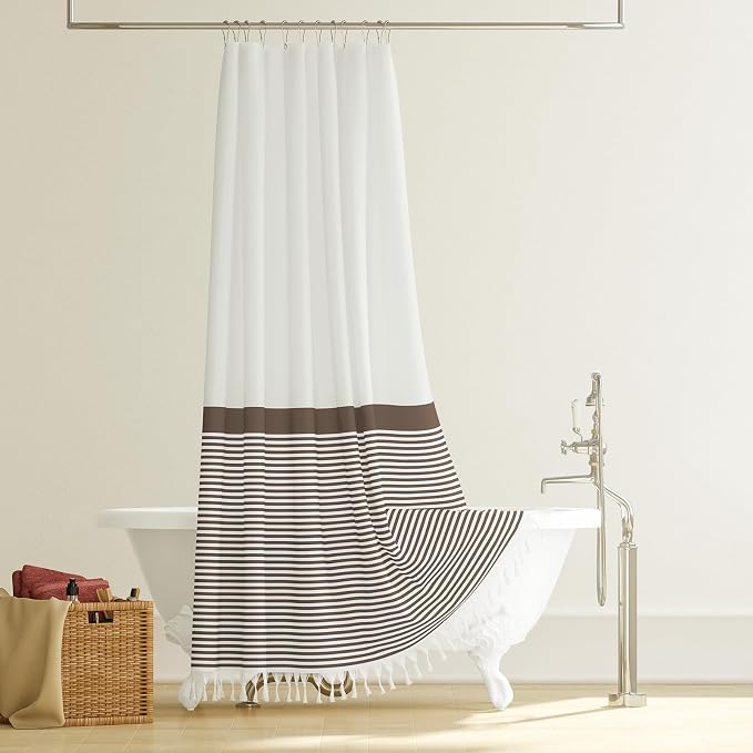 Brown Fabric Shower Curtain, Farmhouse Boho Striped Tassel Shower Curtains for Bathroom, Bohemian Textured Cloth Shower Curtain Set with Hooks, Water Repellent, Wrinkle Free, 72x72