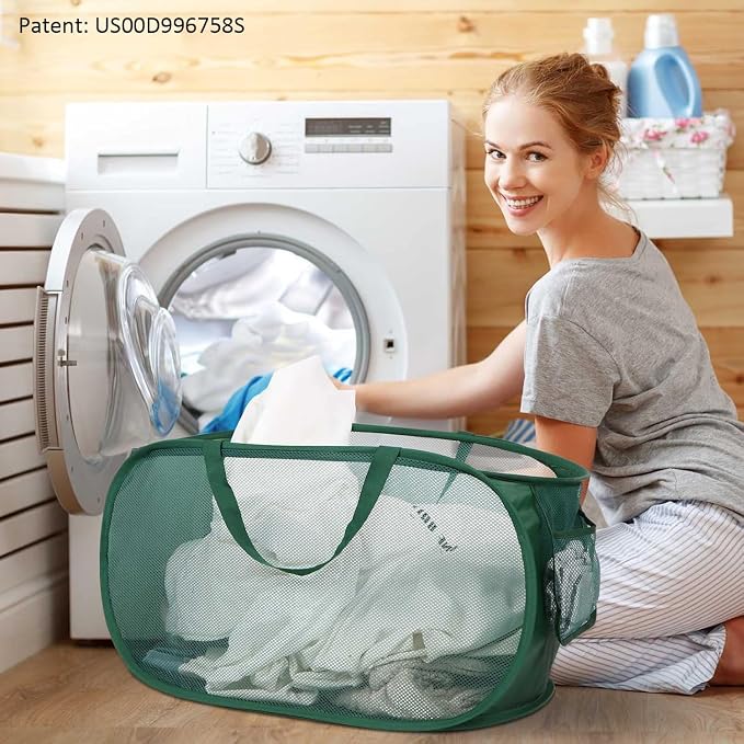 Sturdy Mesh Pop Up Laundry Hamper, Collapsible Laundry Baskets with Side Pocket, Foldable Clothes Hamper with Reinforced Carry Handles for Laundry, Bathroom, Kids Room, Dorm or Travel Emerald
