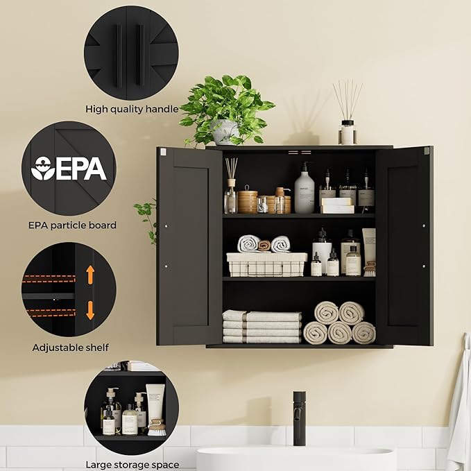 Homleke Bathroom Wall Cabinet, Medicine Cabinet with Adjustable Shelves | 3-Tier Wall Mounted Over Toilet Storage with Barn Doors, for Bathroom, Kitchen, Entryway, Laundry Room, Black, (7.9" D)