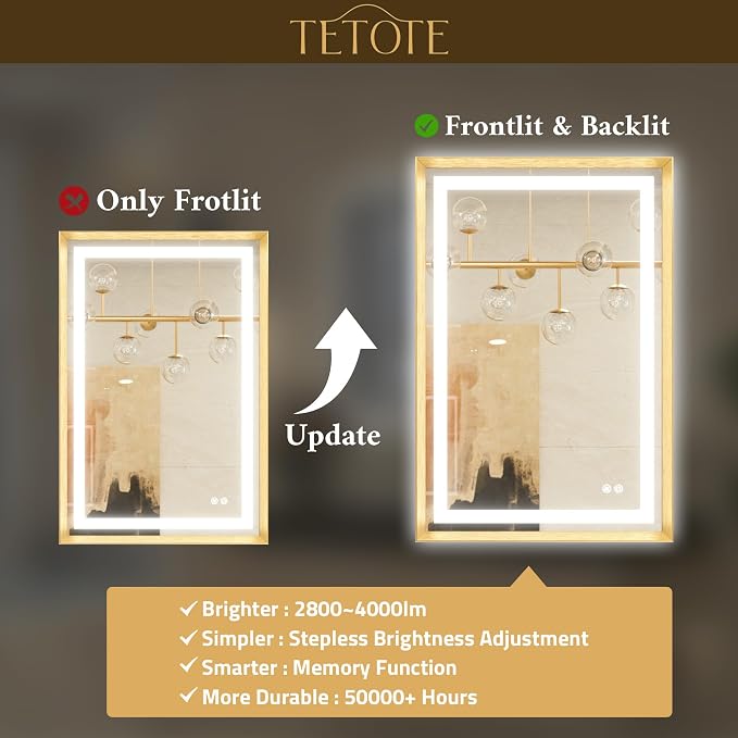 24 x 32 Bathroom LED Mirror Brushed Gold Metal Frame Frontlit & Backlit Vanity Mirror Anti-Fog Stepless Dimmable 3 Colors White/Warm/Natural Mirror with Lights Wall-Mounted