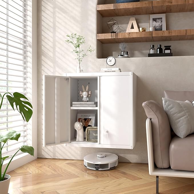 GREATMEET Metal Wall Cabinet, Wall Mounted Storage Cabinet with Lock for Garage Storage, White Floating Cabinet with Doors and Adjustable Shelf for Utility Room