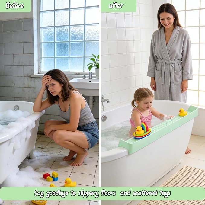 Kids Bathtub Splash Guard, Shelf & Toddler Bath Toy Tray - Green | Bathtub Splash Guard PlayPad Shelf Area with Strong Suction Cups, Bathtub Ledge Guard, Fun Bath Time for Toddlers Baby