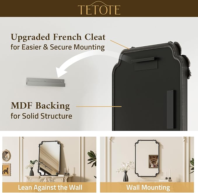 Baroque Antique Black Scroll Wall Mirror 42 x 36 Vintage Rectangle Framed Baroque French Rectangular Mirror for Mantle Fireplace Bathroom Living Room, Horizontal/Vertical
