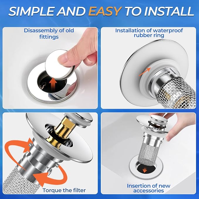 Bathroom Sink Drain Strainer, Pop-up Sink Drain Strainer with Removable Stainless Steel Strainer Basket Hair Catcher, Bathroom Sink Strainer for Bathroom Sink Stopper Replacement (3PCS)