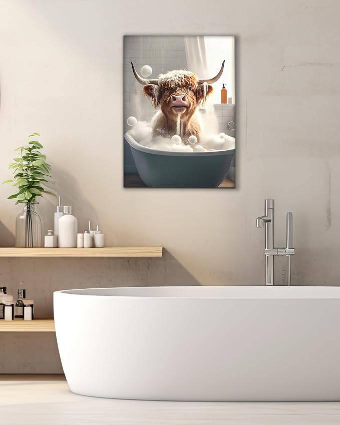 UPWOIGH Highland Cow Bathroom Wall Art, 12 x 16 Inch Wrapped Canvas | Playful Bathtub Scene with Bubbles, Warm Farm Animal Decor for Guest Bath, Powder Room, Restroom or Small Wall Space