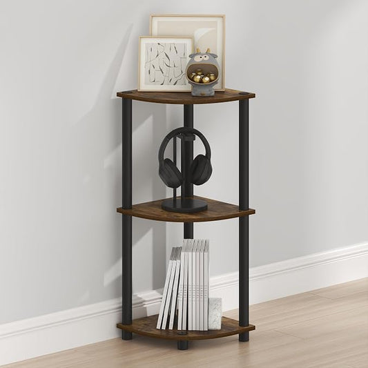 Furinno Turn-N-Tube Toolless Assembly 3-Tier Storage Shelves, Amber Pine | Rustic Brown Corner Shelf, Open Storage Book Shelf, for Organization and Storage, Living Room, Home Office, Bedroom