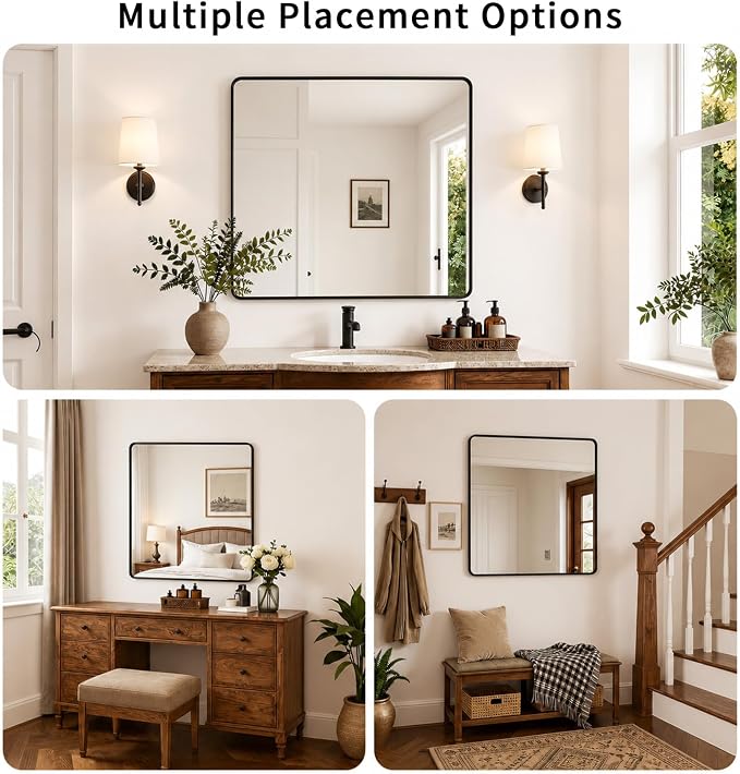 Koonmi 30x30 Inch Black Bathroom Mirror for Over Sink | Wall Mirror for Bathroom Matte Rectangle Metal Deep Framed, Shatterproof Tempered Glass, Hang Vertically or Horizontally