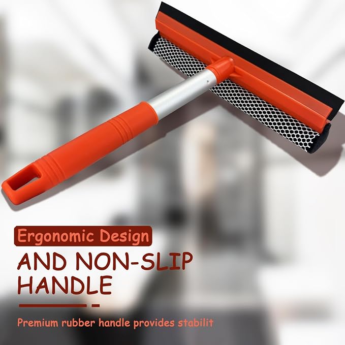 Shower Squeegee Window Squeegee Cleaner for Shower Doors Glass, 2 in 1 Window Cleaning Tool Window Scrubber Handheld Squeegee for Car Windshield with Sponge and Rubber Squeegee, Red