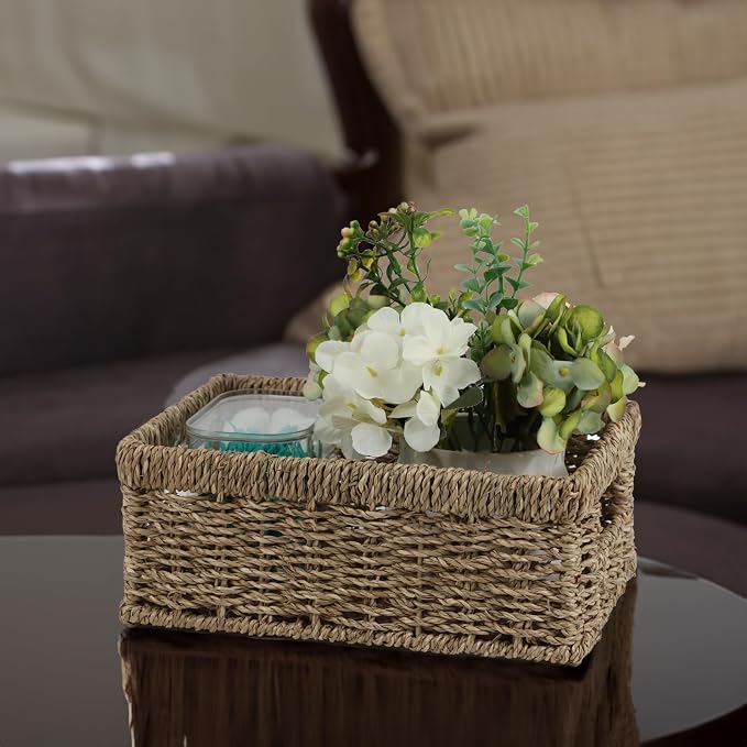 Wicker Baskets, Seagrass Baskets for Organizing, Woven Baskets for Storage | Rectangular Organizer Bins with Handle, Rattan Storage Baskets for Shelves, Small Item Storage, Closet and Bathroom Organizer