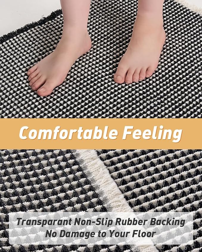 AMOAMI Upgraded Waffle Bath Mat, Super Absorbent Non Slip Bath Mats for Bathroom Floor, Machine Washable Bathroom Rugs with Tassels, Rubber Backed Bathroom Mats, Ultra Soft, 18" x 30",Black & Cream