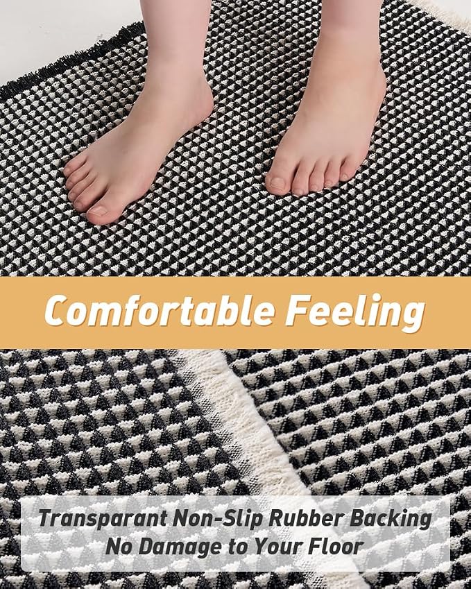 AMOAMI Upgraded Waffle Runner Rug Super Absorbent Non Slip Bath Mats for Bathroom Machine Washable Bathroom Runner Rug with Tassels, Ideal for Hallway Bedroom Laundry Room, 2' x 4', Black & Cream