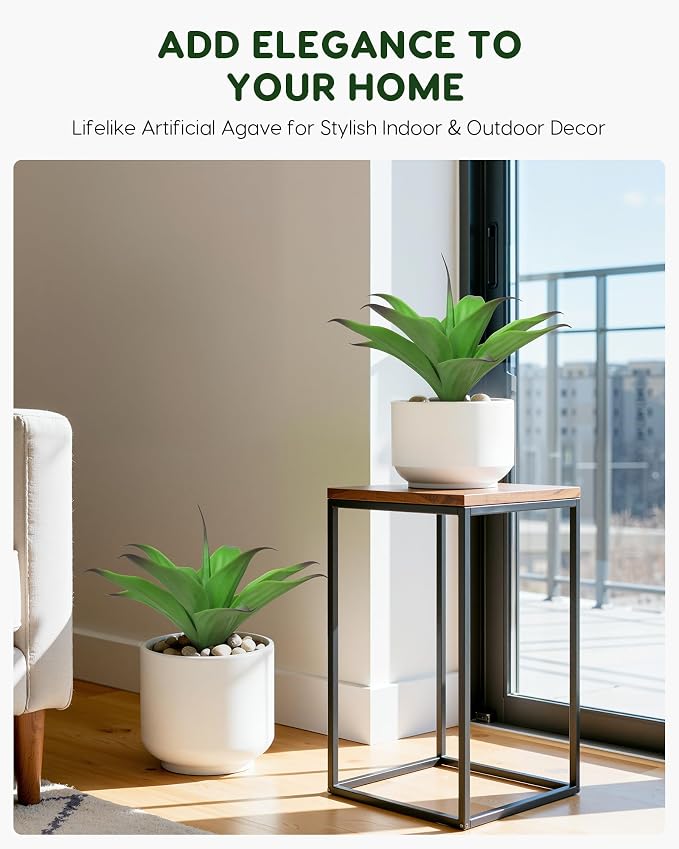 Velener 13.8 Inch Artificial Agave Plants, UV Resistant Fake Outdoor Plants, Small Faux Plants for Indoor Decor(Green)-2 Pack