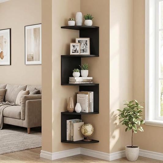 5-Tier Corner Shelf Wall Mount, Screw-Mounted Floating Bookshelf with Enhanced Support, Space-Saving Zigzag Shelf for Bedroom, Living Room, Office, Garage – (Black)