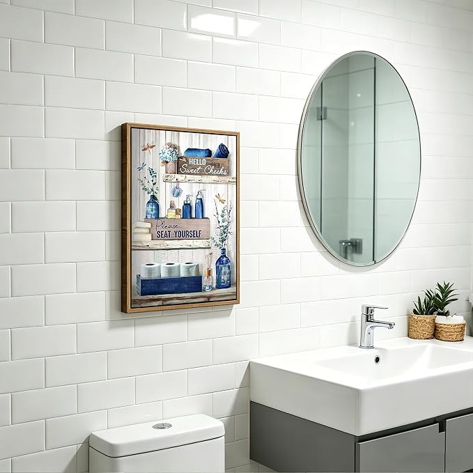 BJVJKSU Framed Navy Blue Bathroom Decor Wall Art Rustic Blue Bathroom Canvas Wall Decor Please Seat Yourself Sign Print Painting Vintage Aesthetic Farmhouse Artwork Picture(12x16in)
