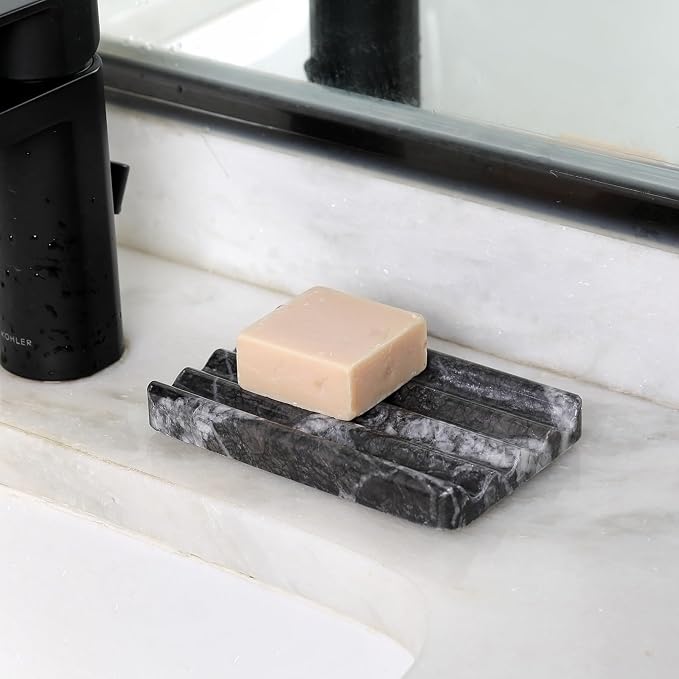 Karibiber Marble Soap Dish, Bar Soap Holder Shower, Black Soaps Bathroom Saver with Water Ripple Design, Easy Cleaning Natural Stone Sponge Holder for Kitchen Sink, Executive Jewelry Ring Tray
