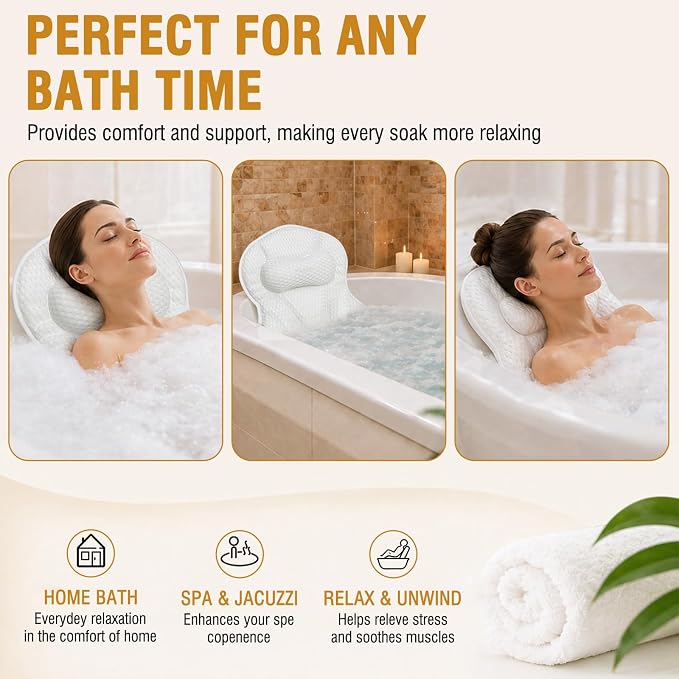 SZXYX Bath Pillows for Tub,Luxury Bath Pillows for Tub with Head, Neck & Back Support,5D Air Mesh Bathtub Pillow with 6 Strong Suction Cups Relaxing Bath Accessories Spa Gift for Woman