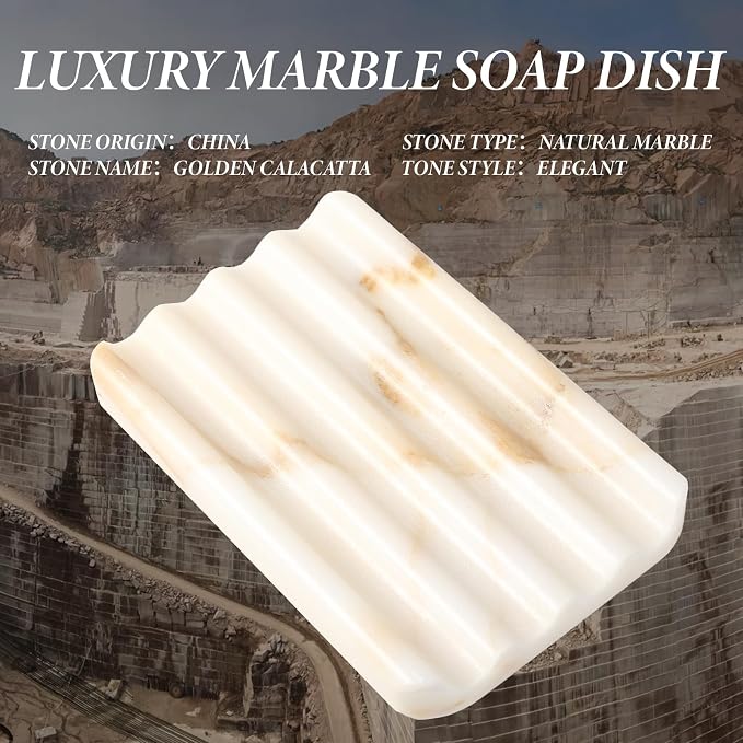 Natural Marble Soap Dish for Bathroom Shower, White Gold Marble Soap Tray for Bathroom, Stone Soap Tray for Sink, Stripe Grooves Soap Saver Keep Soap Bars Dry Easy Clean