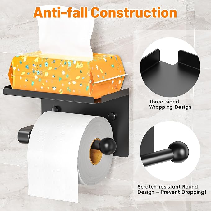 Toilet Paper Holder with Phone Storage Shelf, Matte Black | Wall Mount for Bathroom, No Drill Adhesive or Screw Mount, Rustproof Metal, Fits Mega Rolls