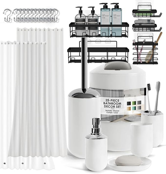 Clara Clark Bathroom Accessories Set - Bathroom Set with Adhesive Corner Shower Caddy Hanging, 25PC Bathroom Accessory Set, White Shower Curtain Set, Toilet Brush, Trash Can & Soap Dispenser