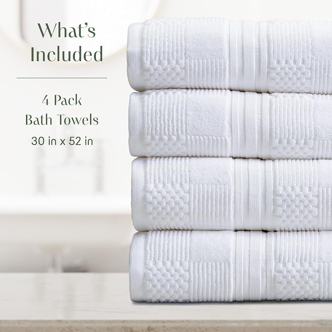 100% Cotton Bath Towel Set | 4-Pack | Textured | White | Luxury Geometric Design | Absorbent & Quick-Dry Bathroom Towels | Textured and Durable Cotton Towels for Bathroom | OEKO-TEX