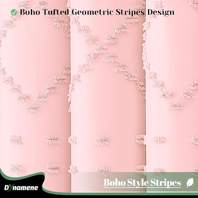 Long Boho Farmhouse Shower Curtain Tufted Geometric 72"x78" Pink | 78 Inch Tall, Elegant Tassel, Lightweight Textured Fabric, Water Repellent, Washable, Hotel Spa, for Bathroom/Dorm 12 Hooks