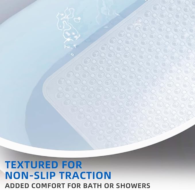 MOONFLY Shower and Bathtub Mat, 40x16 Inches, Clear | Extra Long Non Slip Mats with Suction Cups,Drain Holes, Machine Washable ,Anti Slip Bathmats, Bathroom Mats for Tub Nonslip