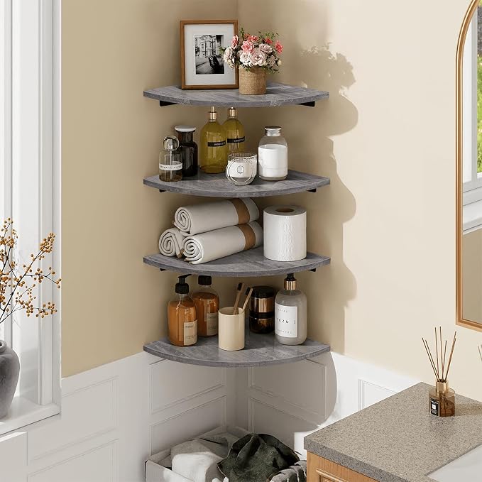 Corner Floating Shelves, Round Corner Shelf Wall Mount Set of 4 | Cord Hole, 12 Inch Wood Curved Corner Hanging Shelf for Cable Box, Speaker, TV Cords, Books, Plants, Rustic Grey