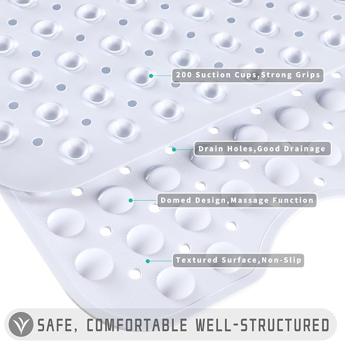 Yimobra Non Slip Bathtub Mat 40 x 16 Inch, Extra Long Shower Mat with Drain Holes, Machine Washable Baby Bath Mats, Strong Suction Cups for Bathroom Floor, Snow