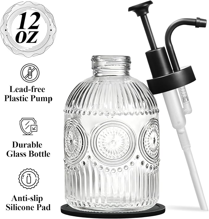 SheeChung 12oz Vintage Glass Soap Dispenser with Black Pump, Clear, 1 Pack | Refillable Dish and Hand Soap Dispenser for Bathroom Kitchen, Rustic Liquid Lotion Bottle,BPA-Free,Funnel,Mat,Farmhouse Decor
