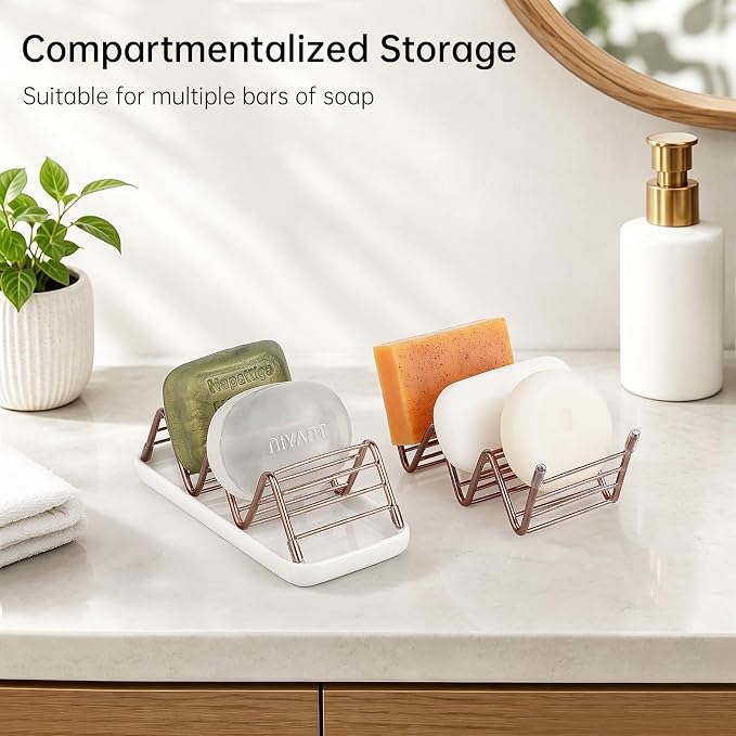 Stainless Steel Soap Dish Self Draining Bar Soap Holder, Rose Gold | Reversible Design Fits 2-3 Bars, Rustproof, Easy to Clean, Space Saving, Non Slip, for Bathroom, Shower, Kitchen