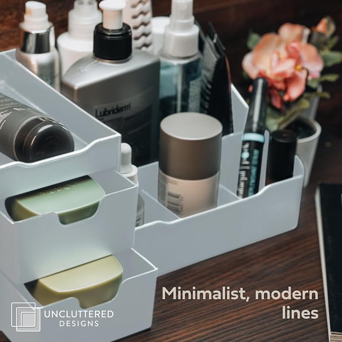 Large Makeup Organizer for Vanity - Countertop Desk With Drawers for Cosmetic, Beauty, Hair, Nail, Perfume & Skincare - Perfect for Bathroom & Bedroom Storage (White)