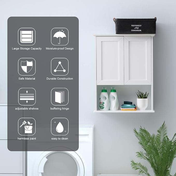 VANIRROR Bathroom Wall Medicine Cabinet with Soft-Close Buffering Hinges | Over Toilet Storage Cupboard Adjustable Shelves & Hidden Handles, 23"x29" White MDF Cabinet for Laundry Room, Kitchen