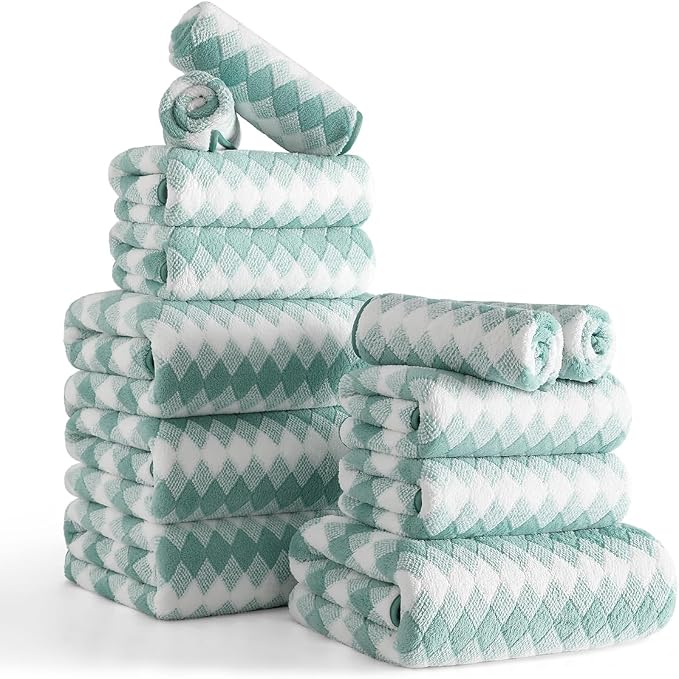 12 Pcs Turquoise Diamond Towel Set-4 Bath Towels,4 Hand Towels,4 Washcloths Soft Polyester Towels with Loop Absorbent Shower Towel Quick Dry Beach Chair Towel Family Towels for Bathroom Spa Gym Pool