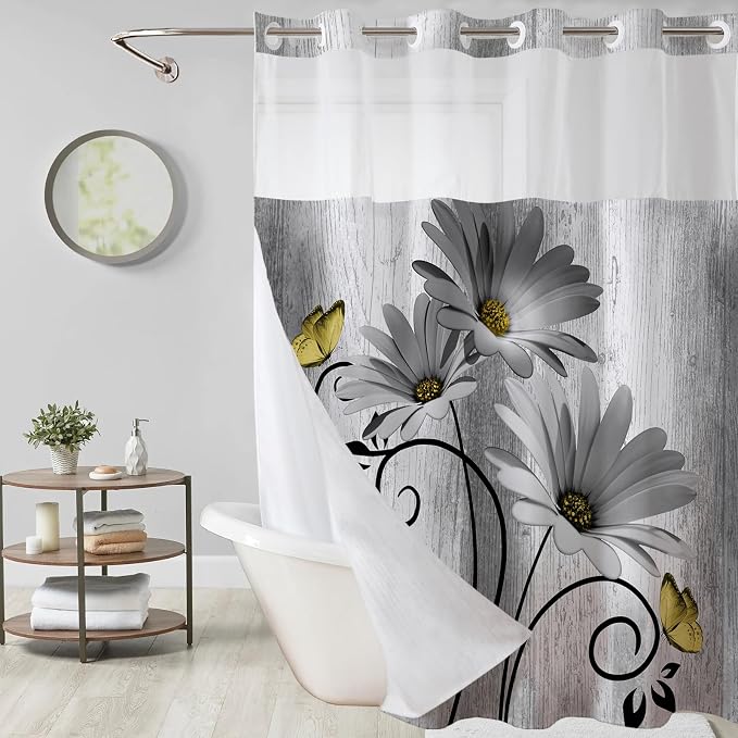Hookless Shower Curtain with Snap in Liner, Grey No Hook Shower Curtains for Bathroom，Shower Curtain and Liner Set for Bathroom Decor,Waterproof & Washable,72W x 87L Inch