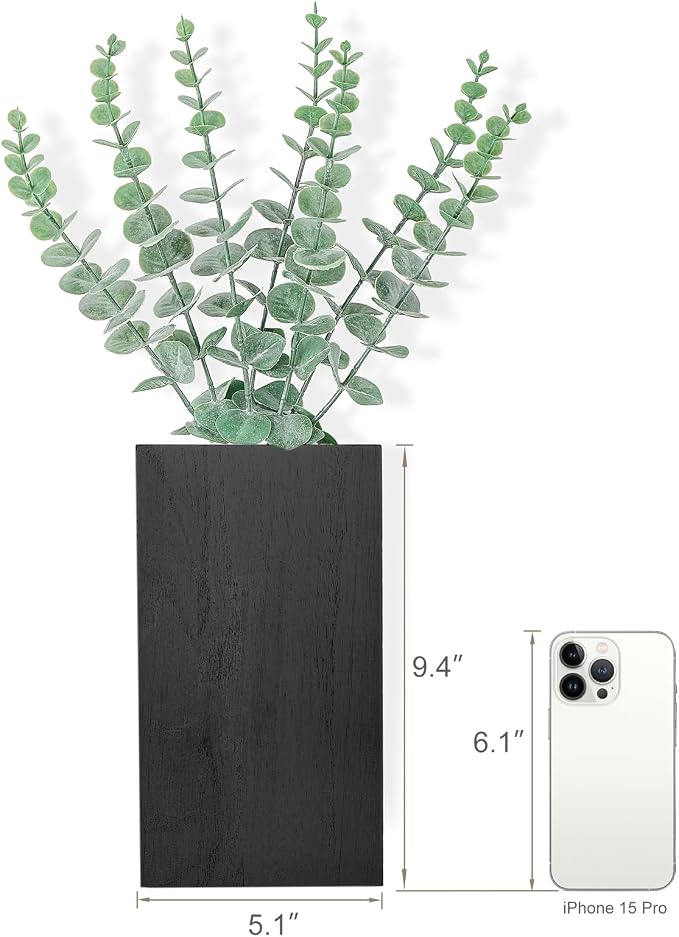 Dahey 2 PCS Wall Planter Vase with Fake Plants for Farmhouse Wall Art Decor | Lightweight Wood, Realistic Artificial Eucalyptus, Cute Hanging Decor for Bathroom Living Room Bedroom Entryway Office, Black