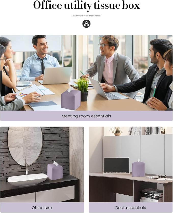 Tissue Box Cover, Jeethemy Square PU Leather Tissue Box Holder, Modern Tissue Case Facial Paper Organizer Dispenser，5X5X5'',Double Purple