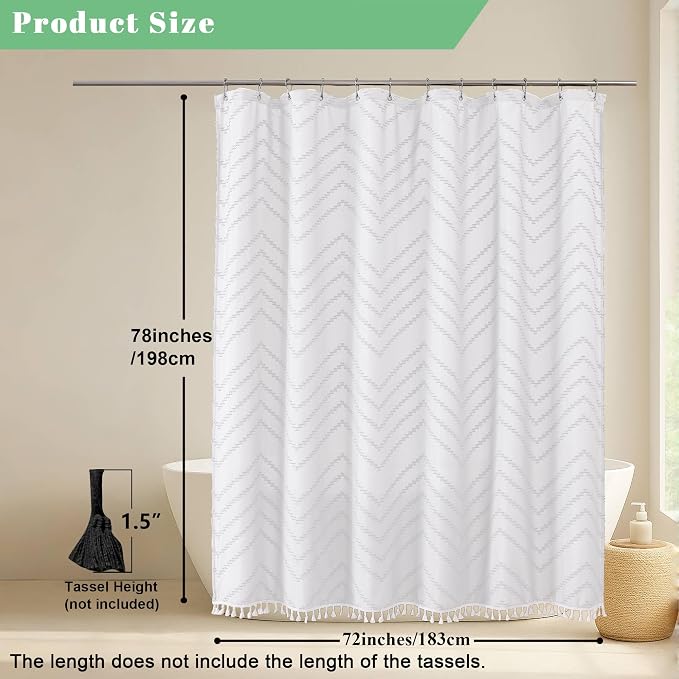 White Fabric Shower Curtain, Boho Shower Curtains for Bathroom Chic Tufted Chevron Striped Textured with Tassel, Soft Hotel Style Farmhouse, Machine Washable, 72x78, White
