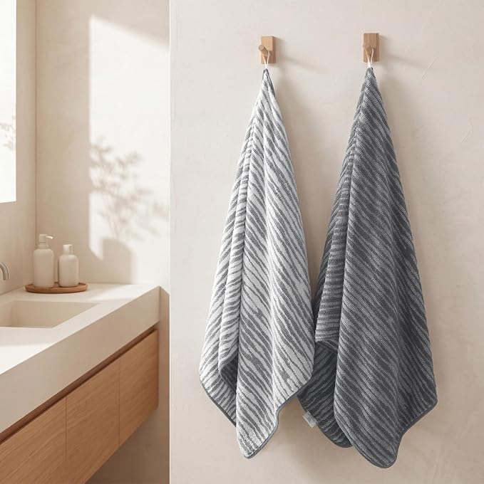 REDKISS 2 Pack Gray Bath Towels Set, 100% Cotton Double-Sided Design | Ultra Soft, Super Absorbent, Quick Dry Bathroom Towels for Bathroom, Gym, Spa, Pool, Hotel & Family Use, 29 x 59 Inches