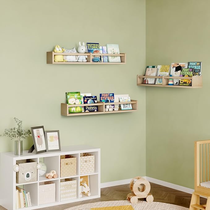 Fixwal Floating Nursery Book Shelves for Wall, 32in, Set of 3, Natural Wood | Solid wood shelves store kids' books, toys and clothing. Fits kids' room, playroom, nursery, living room, bedroom & bathroom.