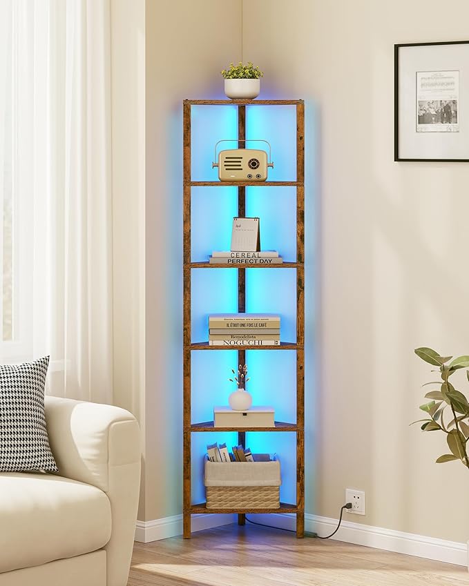 TUTOTAK Corner Shelf with LED Light, 6-Tier Corner Bookshelf | for Small Space, Narrow Display Corner Shelf Stand with Storage Rack, for Living Room, Bedroom, Brown BS05BC006L