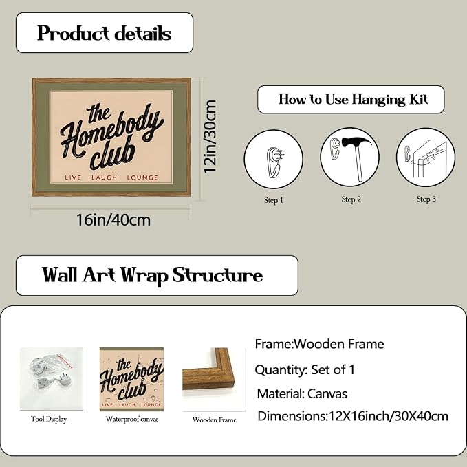 Funny the Homebody Club Sign Wall Art Vintage Homebody Wall Decor Picture Trendy Teen Boy Quote Room Poster Canvas Painting Print for Living Room Bedroom 12x16 inch Wood Framed