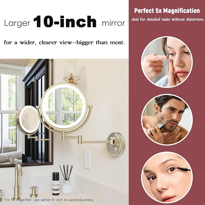 10" Plug In Brass Wall Mounted Makeup Mirror with Lights and Magnification | 2-Sided, 1X/5X Foldable Extended Arm, 360 Rotation Shaving Mirror, 3 Color LED Lighting, Touch Dimmable, Satin Brushed Gold
