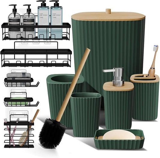 Clara Clark Bathroom Set - Hunter Green Bathroom Accessories Set, 6PC Bathroom Accessory Set, Bathroom Sets with Adhesive Corner Shower Caddy Hanging, Toilet Brush, Trash Can & Soap Dispenser