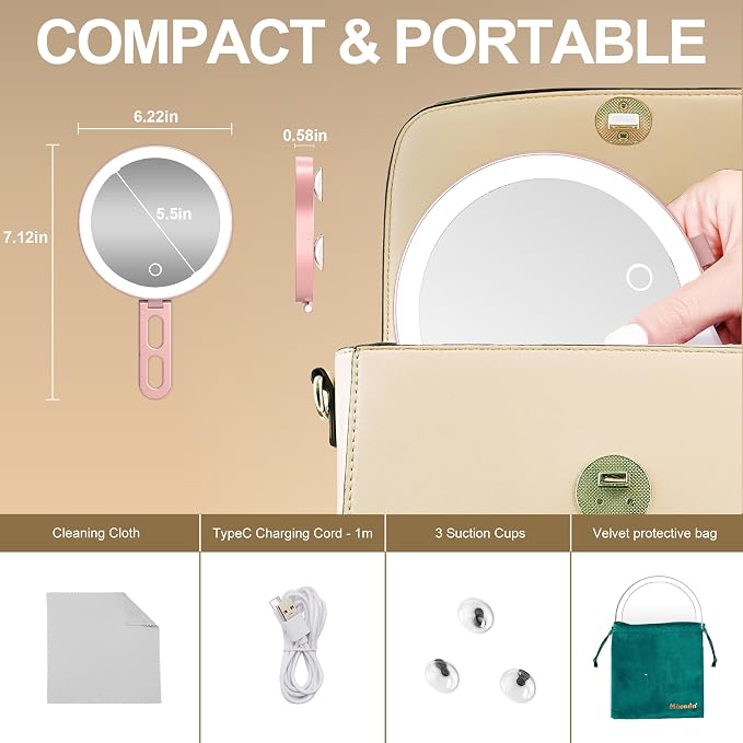 Mocado 30x Magnifying Mirror with Light, 6" Magnifying Mirror Suction Cup | 3 Colors Light, Dimmable Touch, 0-100% Brightness Adjustable, Stable Stand, 2000mAh Rechargeable, Handheld Mirror,(Rose Gold)